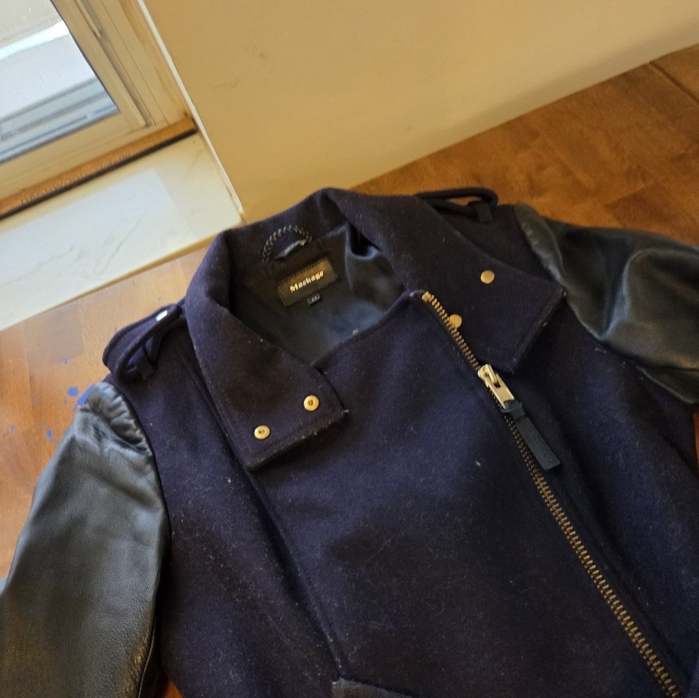 Women's Mackage Dale Wool Trench Coat with Leather Sleeves - Black - Size Medium - Picture 12 of 16